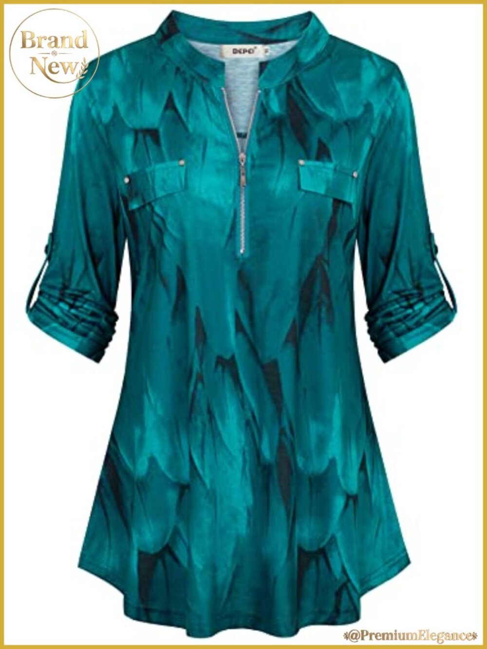 3/4 Sleeve V Neck Zip Up Tunic Blouse for Office Work, Womens Floral Top